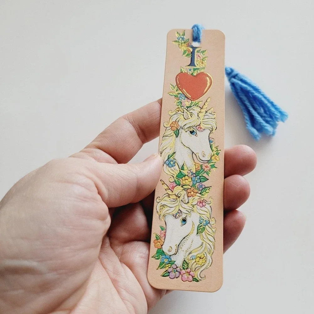 Vintage 80s Bookmark I Love Unicorns Heart Fairy Gold Embossed 1985 Antioch H613